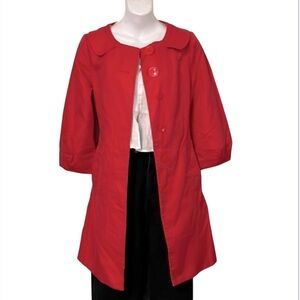 H&M Cherry Red Linen Blend Button Down 3/4 Sleeve Belted Trench Coat Sz 6
